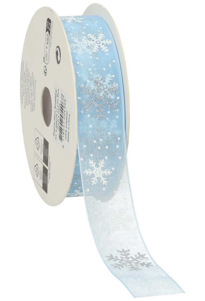 Luxe Organza Lint Sneeuw Vlok Blauw Met Wit & Zilver 25 mm x 20meter
