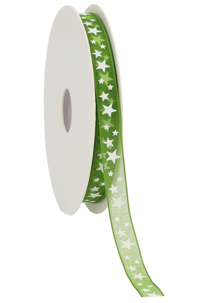 Organza Lint Groen Met Witte Sterren 10mm x 20meter