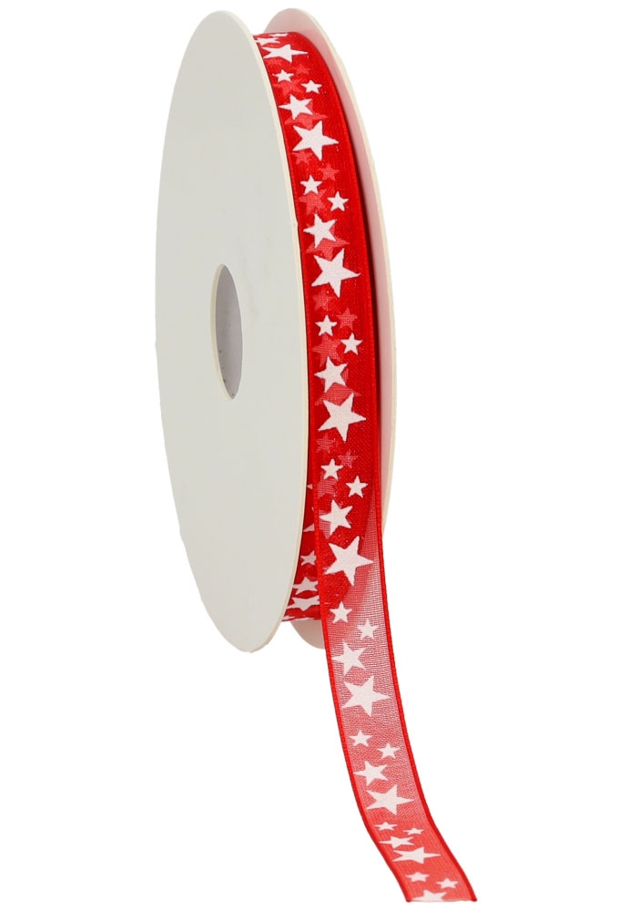 Organza Lint Rood Met Witte Sterren 10mm x 20meter