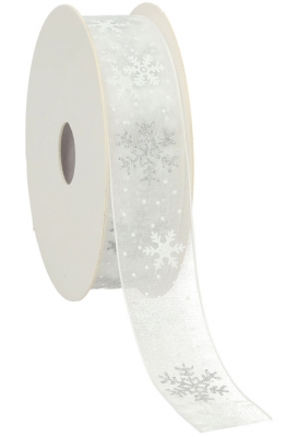 Luxe Organza Lint Sneeuw Vlok Wit Met Wit & Zilver 25 mm x 20meter Luxe Organza Lint Sneeuw Vlok Wit Met Wit & Zilver 25 mm x 20meter