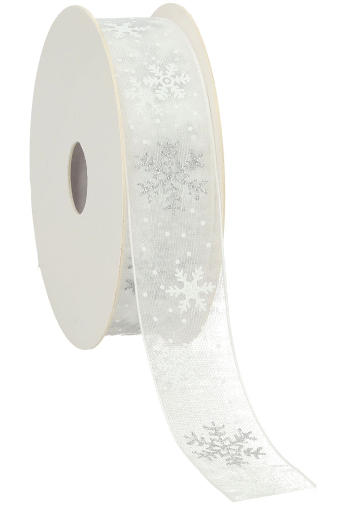 Luxe Organza Lint Sneeuw Vlok Wit Met Wit & Zilver 25 mm x 20meter