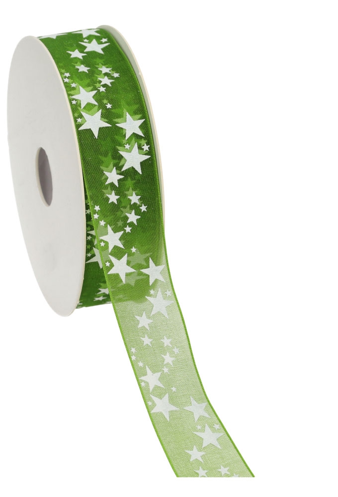 Organza Lint Groen Met Witte Sterren 25 mm x 20meter