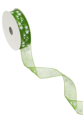 Organza Lint Groen Met Witte Sterren 25 mm x 20meter Organza Lint Groen Met Witte Sterren 25 mm x 20meter