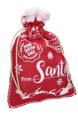 Luxe Kerstzak Jute Red & Santa Met Witte Stoffen Rand 31x42cm 7stuks