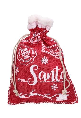 Luxe Kerstzak Jute Red & Santa Met Witte Stoffen Rand 31x42cm 7stuks
