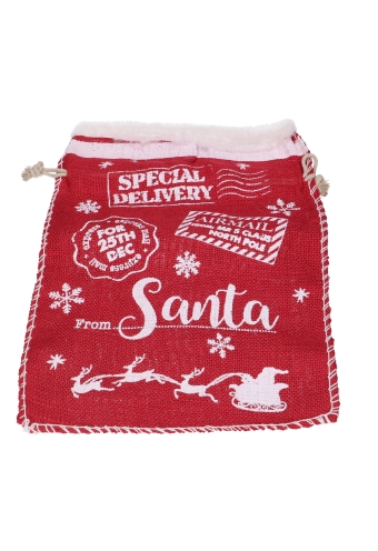 Luxe Kerstzak Jute Red & Santa Met Witte Stoffen Rand 31x42cm 7stuks