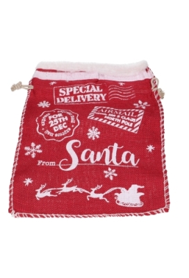 Luxe Kerstzak Jute Red & Santa Met Witte Stoffen Rand 31x42cm 7stuks
