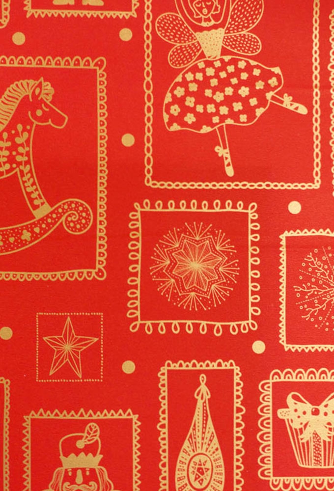 Kerstpapier Coated Papier Kerstfeest Rood Goud 30cm  x 200meter