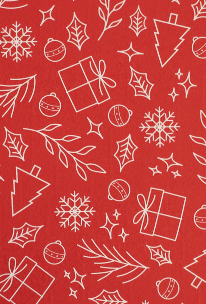 Kerstpapier Coated Papier Witte Kerstsymbolen Rood 30cm  x 200meter