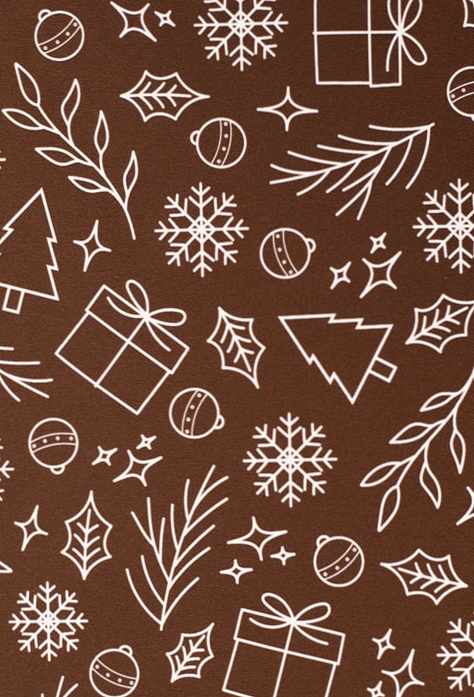 Kerstpapier Coated Papier Witte Kerstsymbolen Bruin 50cm  x 200meter