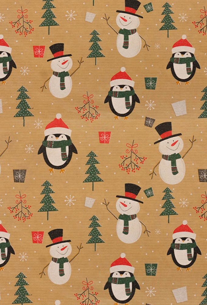 Kerstpapier Bruin Kraft Pinguïns Kraft 50cm  x 250meter