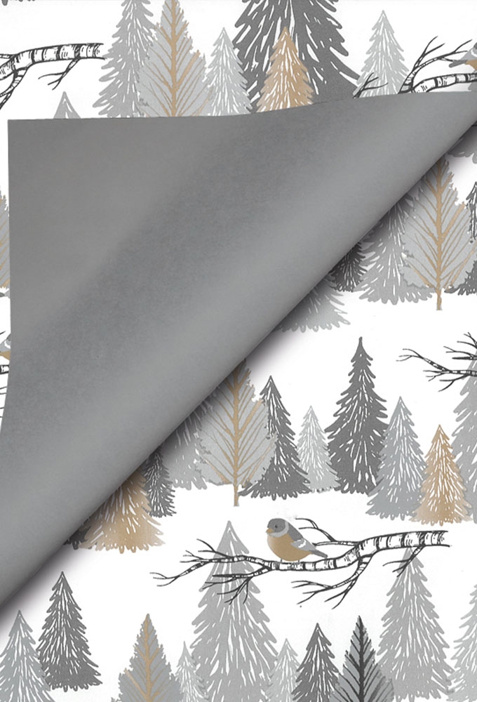 Kerstpapier Coated Papier Dubbelzijdig Winterbos Zilver 30cm  x 200m
