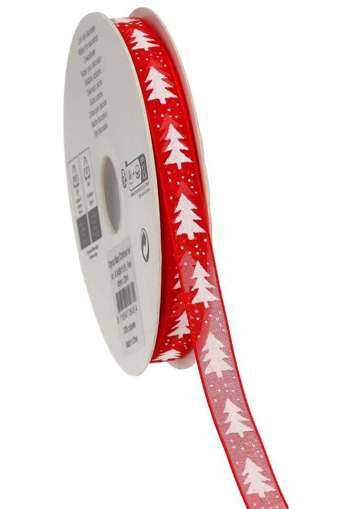 Organza Lint Rood Met Witte Kerstboom 10mm x 20meter