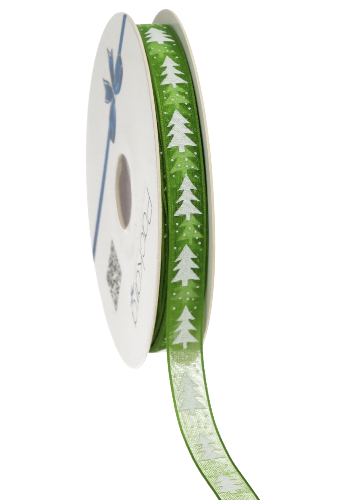 Organza Lint Groen Met Witte Kerstboom 10mm x 20meter
