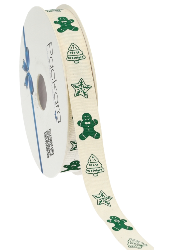 Kerstlint Katoen Merry Christmas Symbols Groen 15mm x 20meter