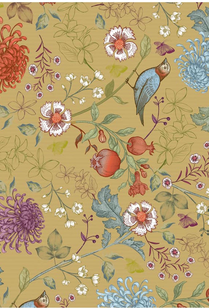 Kadopapier Kraft Bruin Mosterd bloemenprint 50x70cm x 250 vellen
