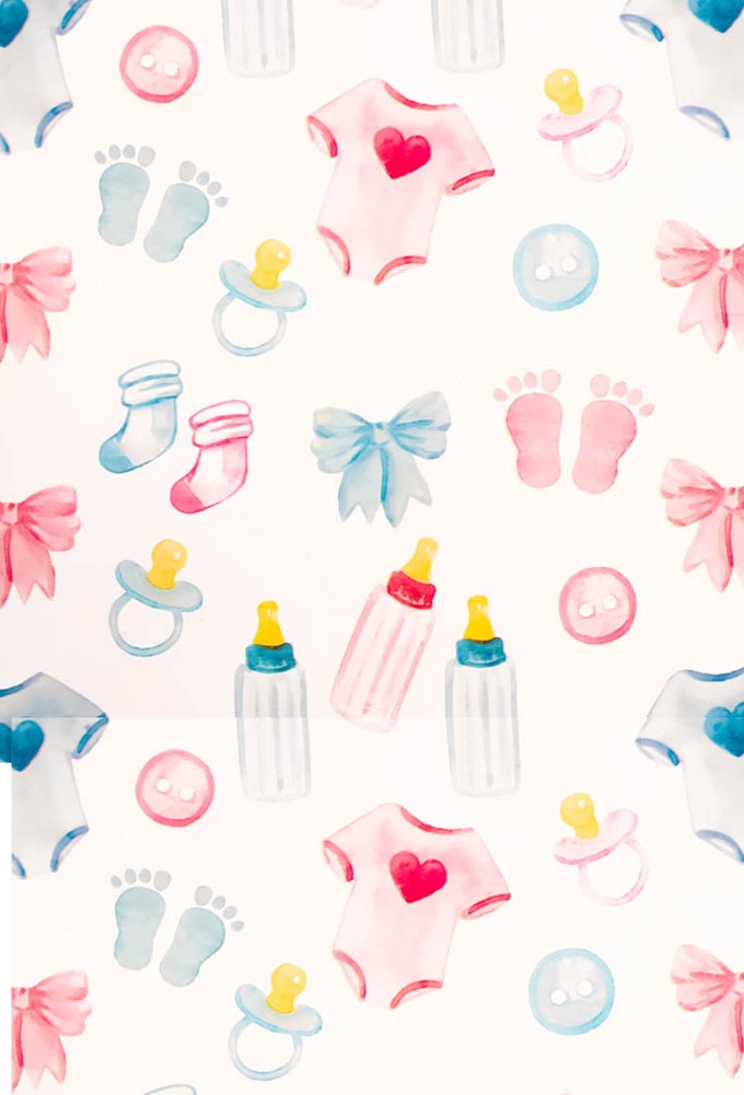 Geschenkpapier Coated Pastel baby-artikelen 50cm x 200meter Geschenkpapier Coated Pastel baby-artikelen 50cm x 200meter