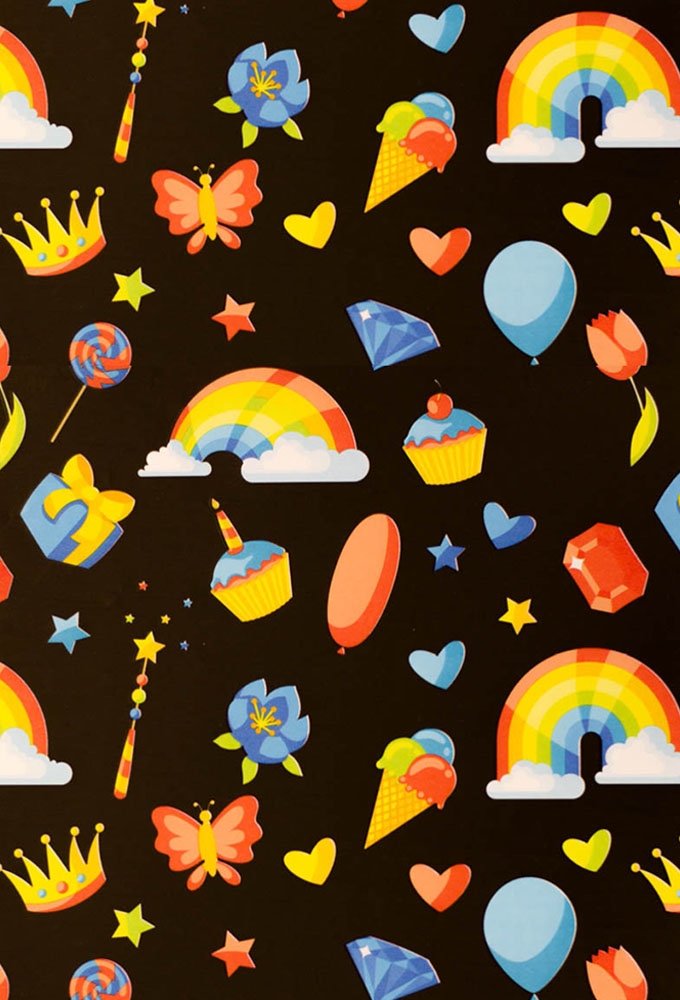 Geschenkpapier Coated Regenbogen op zwart 50cm x 200meter