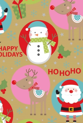 Kerstpapier Bruin Kraft Funky Kerstfiguren 70cm  x 250meter