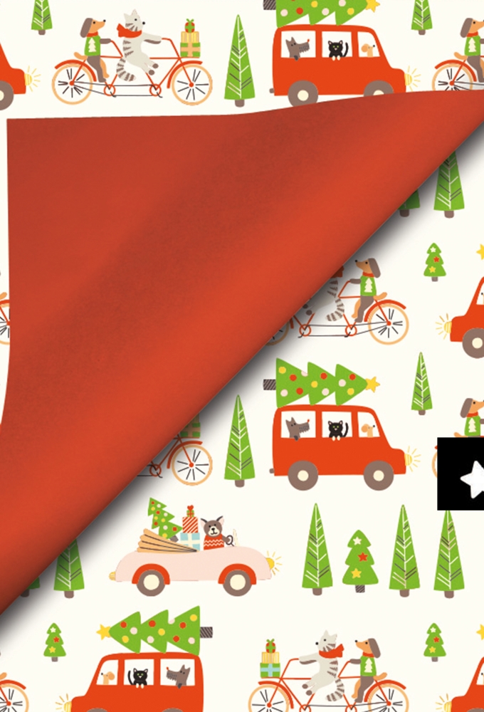 Kerstpapier Coated Papier Dubbelzijdig Kerstbus & Bomen 70cm  x 200m