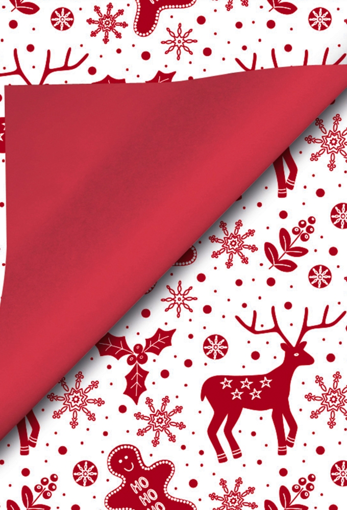 Kerstpapier Coated Papier Dz Bedrukt Rode Rendieren Sneeuw 30cm x 200m