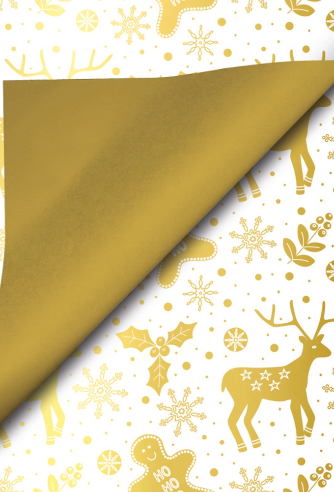 Kerstpapier Coated Papier Dz Bedrukt Goud Rendierfeest 50cm x 200m