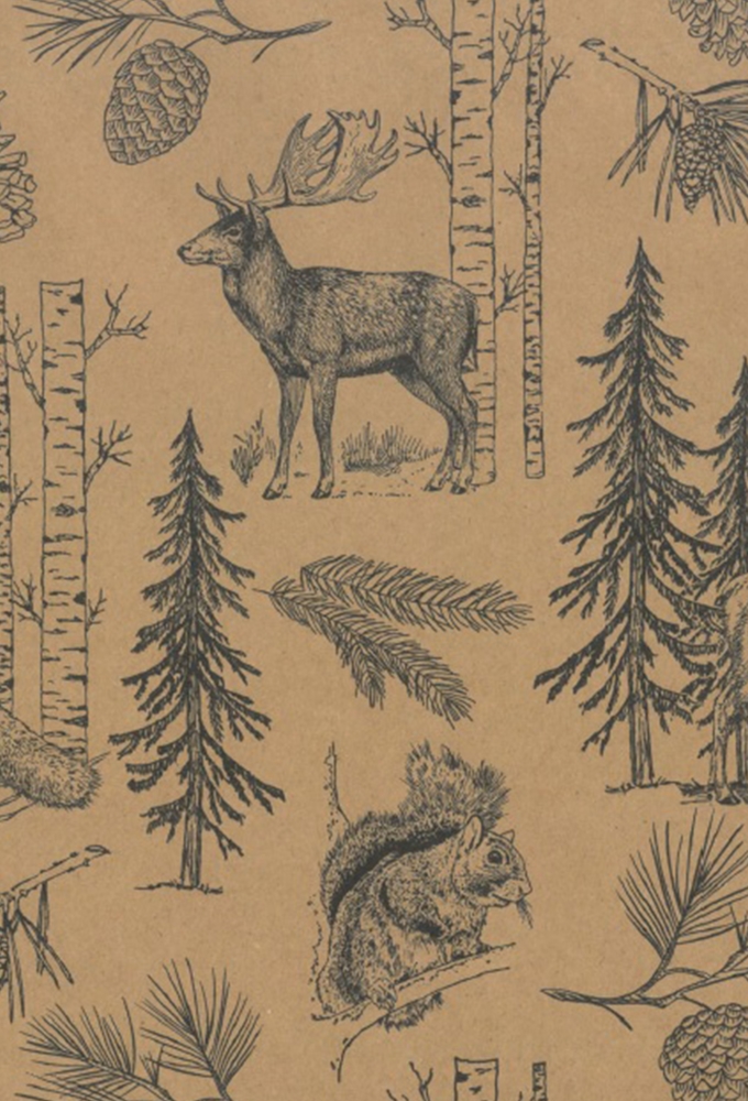 Kerstpapier Bruin Kraft Bosdieren in het Bos Kraft 30cm  x 200meter