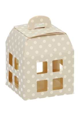 Geschenkdoos Huisje Taupe Met Stippen & Hanger 5.5x5.5x5.5cm10stuks Geschenkdoos Huisje Taupe Met Stippen & Hanger 5.5x5.5x5.5cm10stuks