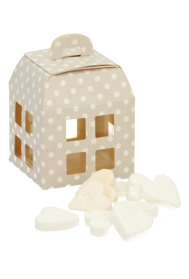 Geschenkdoos Huisje Taupe Met Stippen & Hanger 5.5x5.5x5.5cm10stuks Geschenkdoos Huisje Taupe Met Stippen & Hanger 5.5x5.5x5.5cm10stuks