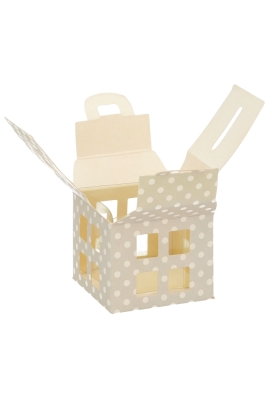 Geschenkdoos Huisje Taupe Met Stippen & Hanger 5.5x5.5x5.5cm10stuks Geschenkdoos Huisje Taupe Met Stippen & Hanger 5.5x5.5x5.5cm10stuks