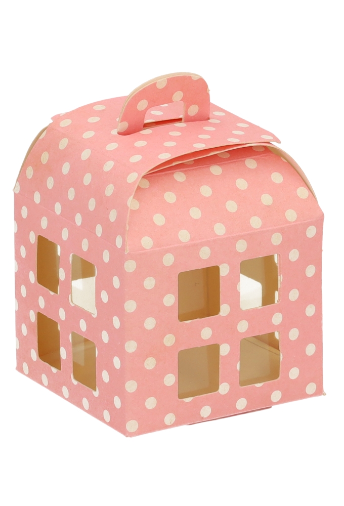 Geschenkdoos Huisje Roze Met Stippen & Hanger 5.5x5.5x5.5cm 10stuks