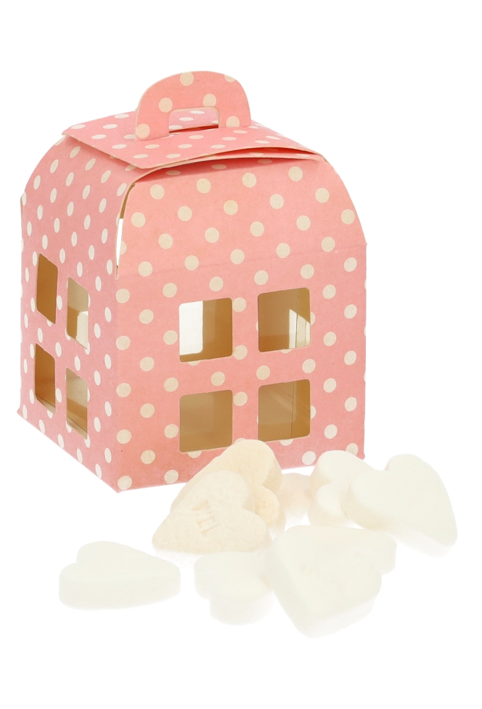 Geschenkdoos Huisje Roze Met Stippen & Hanger 5.5x5.5x5.5cm 10stuks