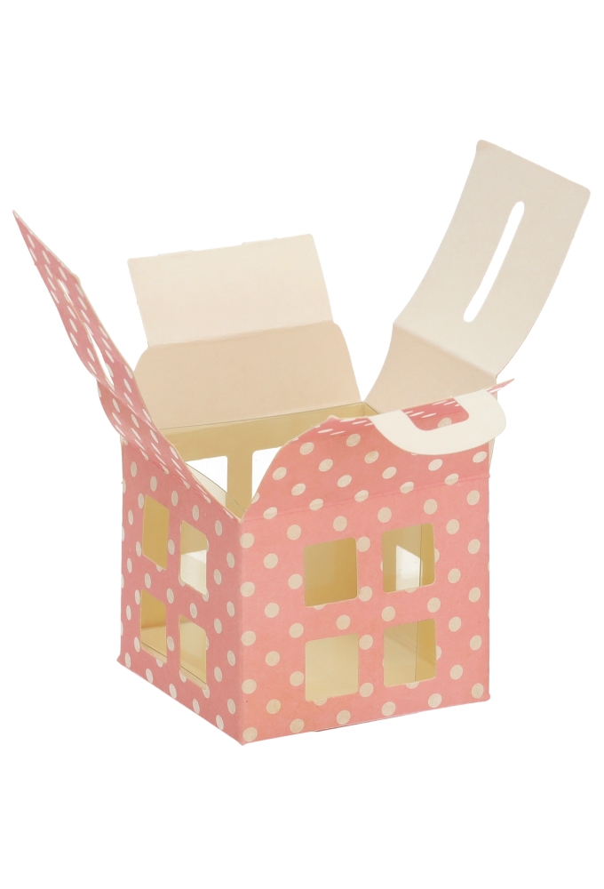 Geschenkdoos Huisje Roze Met Stippen & Hanger 5.5x5.5x5.5cm 10stuks
