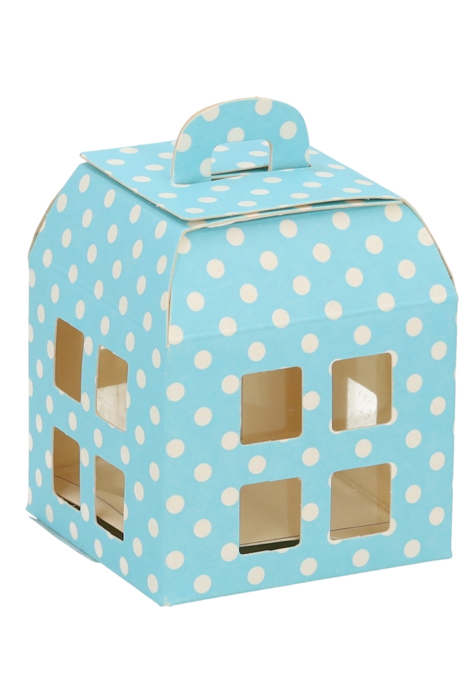 Geschenkdoos Huisje Blauw Met Stippen & Hanger 5.5x5.5x5.5cm10stuks Geschenkdoos Huisje Blauw Met Stippen & Hanger 5.5x5.5x5.5cm10stuks
