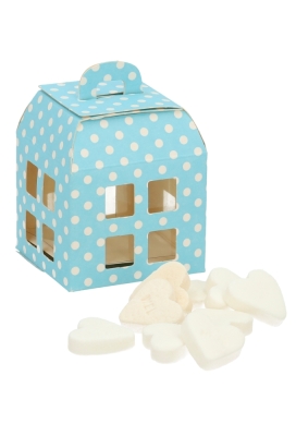Geschenkdoos Huisje Blauw Met Stippen & Hanger 5.5x5.5x5.5cm10stuks Geschenkdoos Huisje Blauw Met Stippen & Hanger 5.5x5.5x5.5cm10stuks