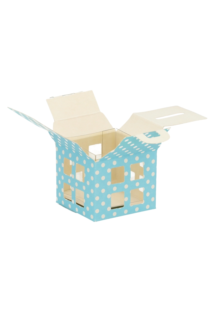 Geschenkdoos Huisje Blauw Met Stippen & Hanger 5.5x5.5x5.5cm10stuks Geschenkdoos Huisje Blauw Met Stippen & Hanger 5.5x5.5x5.5cm10stuks