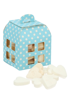 Geschenkdoos Huisje Blauw Met Stippen & Hanger 5.5x5.5x5.5cm10stuks Geschenkdoos Huisje Blauw Met Stippen & Hanger 5.5x5.5x5.5cm10stuks