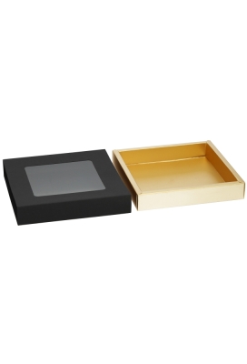Bonbondoosjes & Schuifvenster Zwart Mat & Goud FSC® 15x15x2.7cm 10st Bonbondoosjes & Schuifvenster Zwart Mat & Goud FSC® 15x15x2.7cm 10st