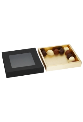 Bonbondoosjes & Schuifvenster Zwart Mat & Goud FSC® 15x15x2.7cm 10st Bonbondoosjes & Schuifvenster Zwart Mat & Goud FSC® 15x15x2.7cm 10st