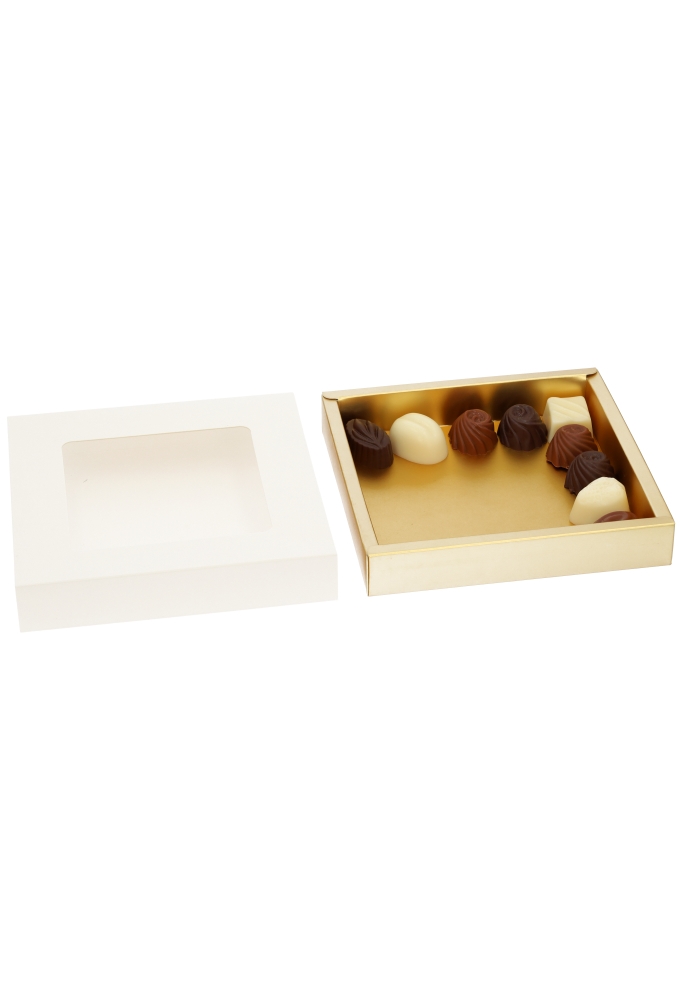 Bonbondoosjes & Schuifvenster Wit Mat & Goud Mat 15x15x2.7cm 10st Bonbondoosjes & Schuifvenster Wit Mat & Goud Mat 15x15x2.7cm 10st