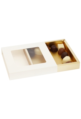 Bonbondoosjes & Schuifvenster Wit Mat & Goud Mat 15x15x2.7cm 10st Bonbondoosjes & Schuifvenster Wit Mat & Goud Mat 15x15x2.7cm 10st