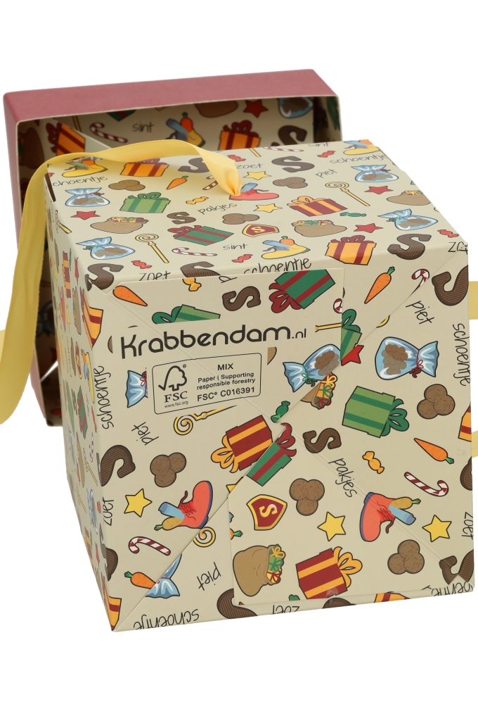Sintgeschenkdoos Sint Pakjes & Goud Lint 15x15x15cm FSC® 1 stuk