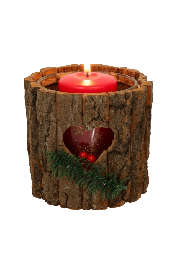 Kandelaar Wood Christmas Met Glazen kaarsenhouder 12cm x 15cm 12stuks