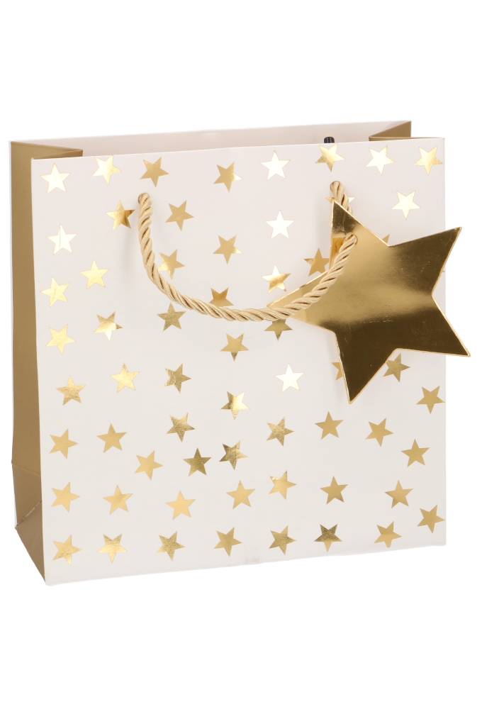 Kersttasjes Vierkant Metallic Gouden Sterren 17x6x17cm 10stuks.