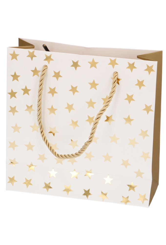 Kersttasjes Vierkant Metallic Gouden Sterren 17x6x17cm 10stuks.