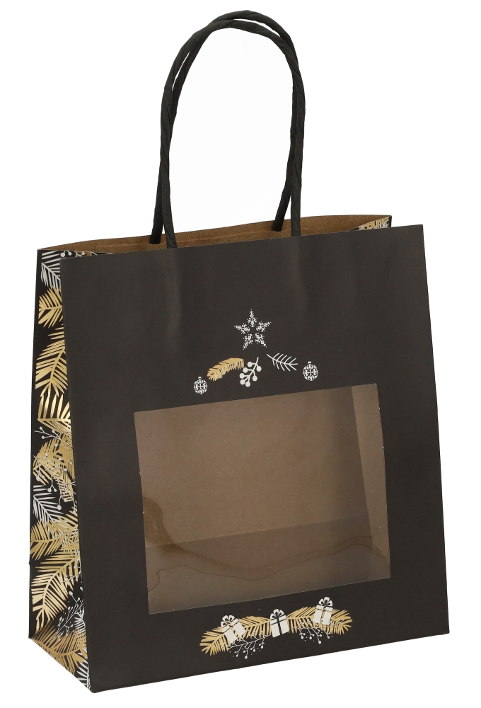 Kersttasjes Xmas Tree Black Met handgreep & Venster 18x8x19cm 12stuks