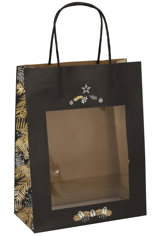 Kersttasjes Xmas Tree Black Met handgreep & Venster 22x11x28cm 12stuks