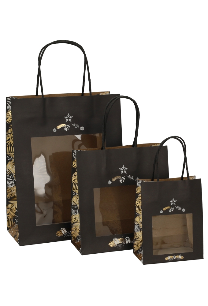 Kersttasjes Xmas Tree Black Met handgreep & Venster 22x11x28cm 12stuks