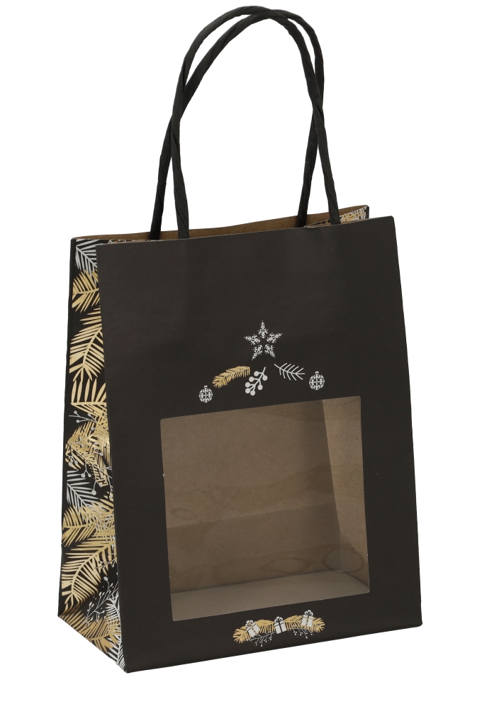 Kersttasjes Xmas Tree Black & handgreep & Venster 11.4x6.4x14.6cm 20st