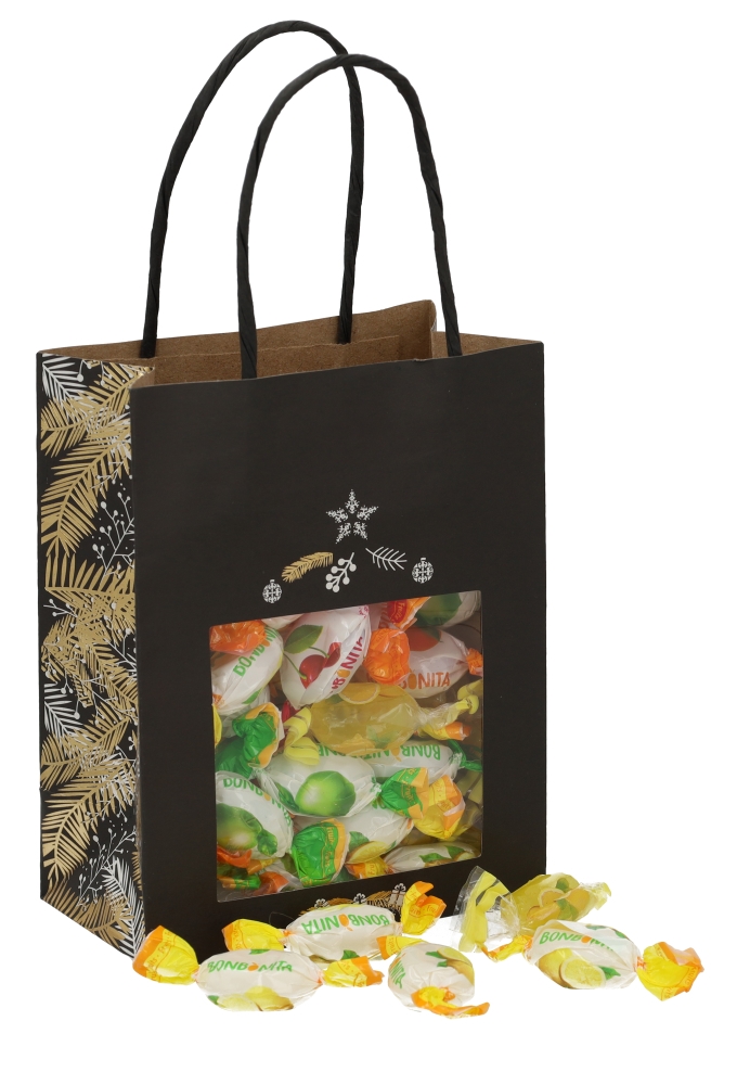 Kersttasjes Xmas Tree Black & handgreep & Venster 11.4x6.4x14.6cm 20st